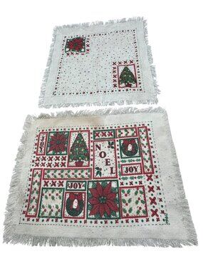 Vintage Christmas Themed Fringe Placemats and napkin white tree red READ
